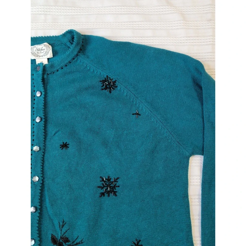 Stitches In Time Cardigan Sweater 2X Dark Turquiose Black Embellished Holiday - Picture 6 of 15